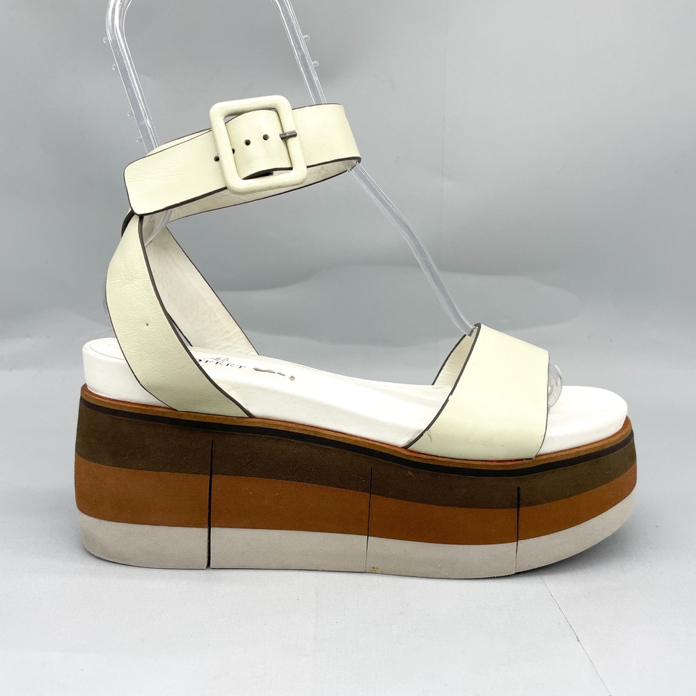 Naked Feet Womens 10M Cream Leather Multi Color Block Platform Wedge Sandals